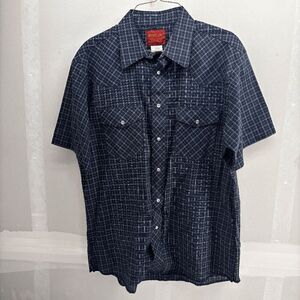 RUSTLER‎ X-LONG TAILS Men's Shirt Vintage Size L Snap Pearl Plaid Blue